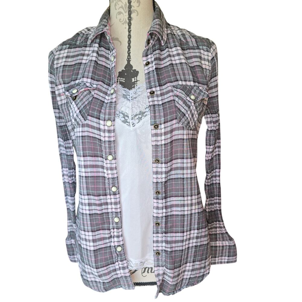 Y2k Style American Eagle Plaid Gray Pink Flannel Button Up Womens Size 6